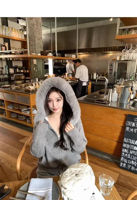 Winter Women Old Money Girl Long Sleeve Full Zip Cardigan Sweater Cuddly Hoodies Knitwear 2000s Aesthetic Korean Fashion Sweater