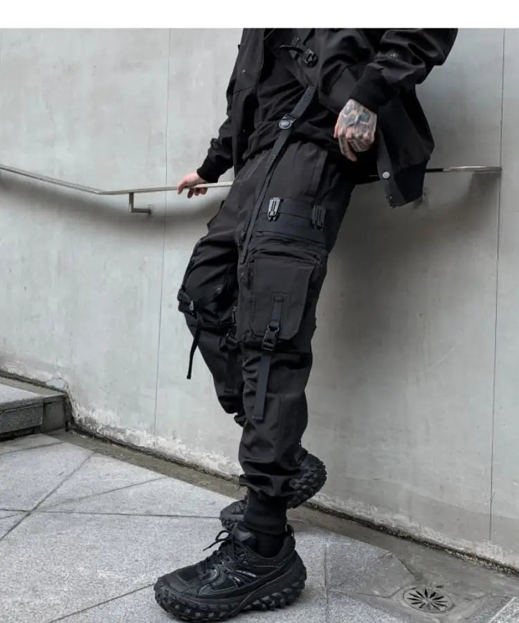 Multi-pockets Ribbons Bandage Tactical Techwear Cargo Pants Mens Harajuku Punk Hip Hop Joggers Pantalons Casual Streetwear