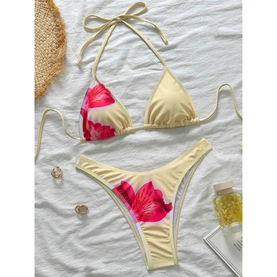 XS - L With Cover Up Flowers Halter Bikini Female Swimsuit Women Swimwear Three-pieces Bikini set Bather Bathing Suit Swim K6800