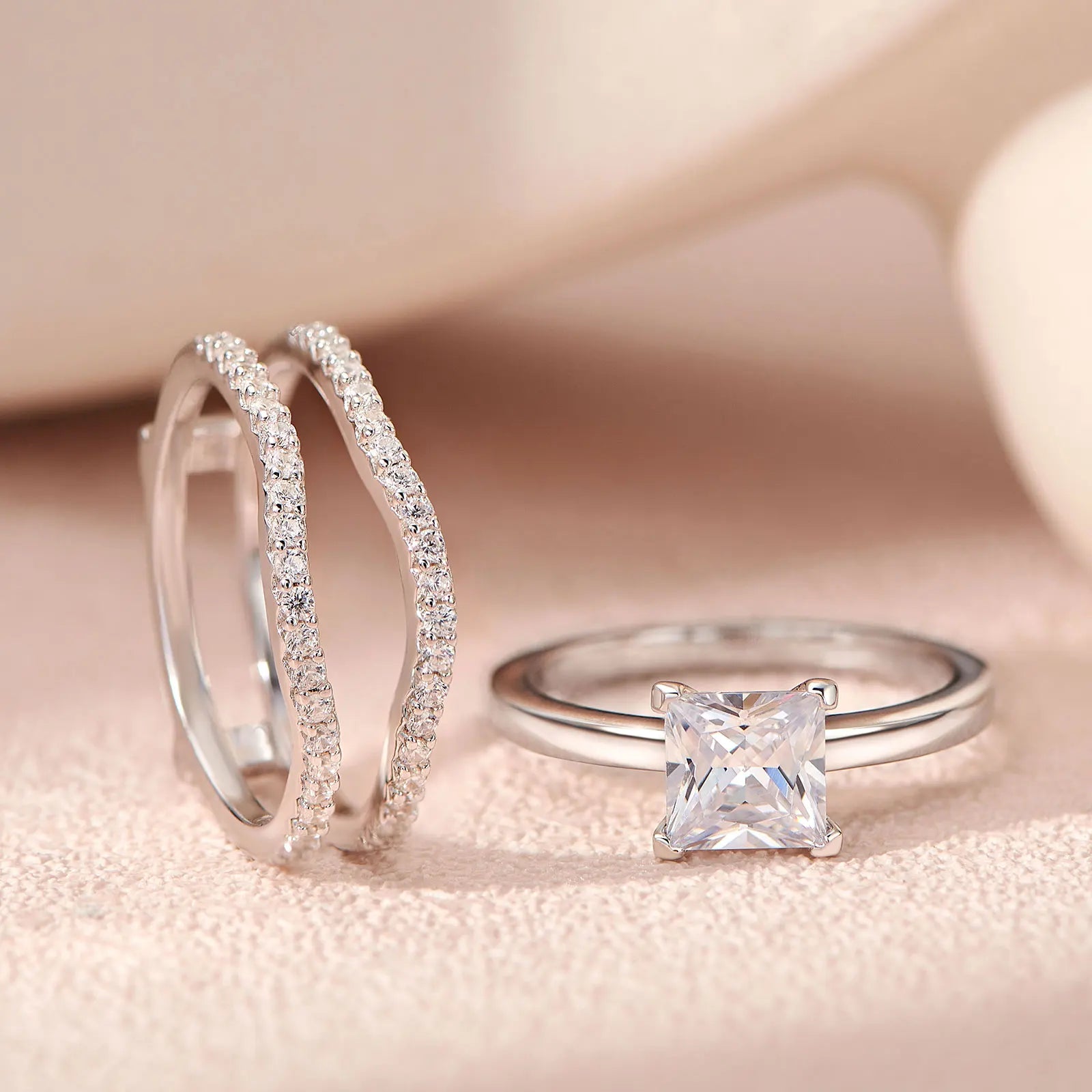 Newshe 925 Silver Rings for Women Luxury Jewelry Solitaire Princess Cut CZ Engagement Ring with Enhancer Wedding Bands