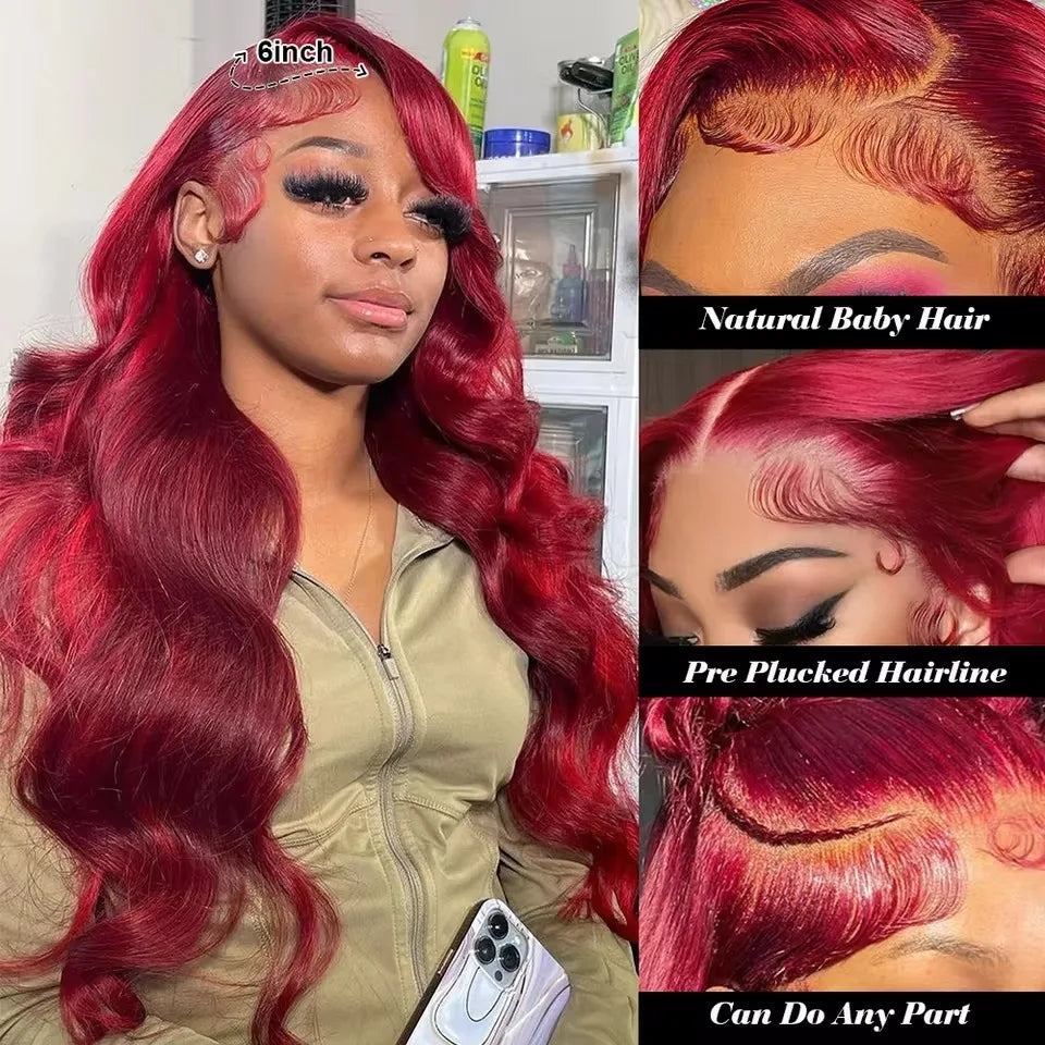 13x6 HD Lace Frontal Human Hair Wig 13x4 Lace Front Wigs Human Hair Brazilian Lace Wigs 99j Body Wave 200 Density Burgundy 5×5