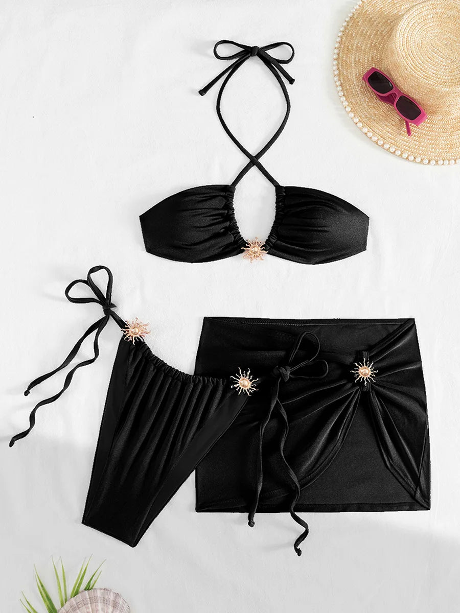 3 PCS with Skirt Halter Strappy Bikini Female Swimsuit Women Swimwear Three-pieces Bikini Set Bather Bathing Suit Swim Beachwear