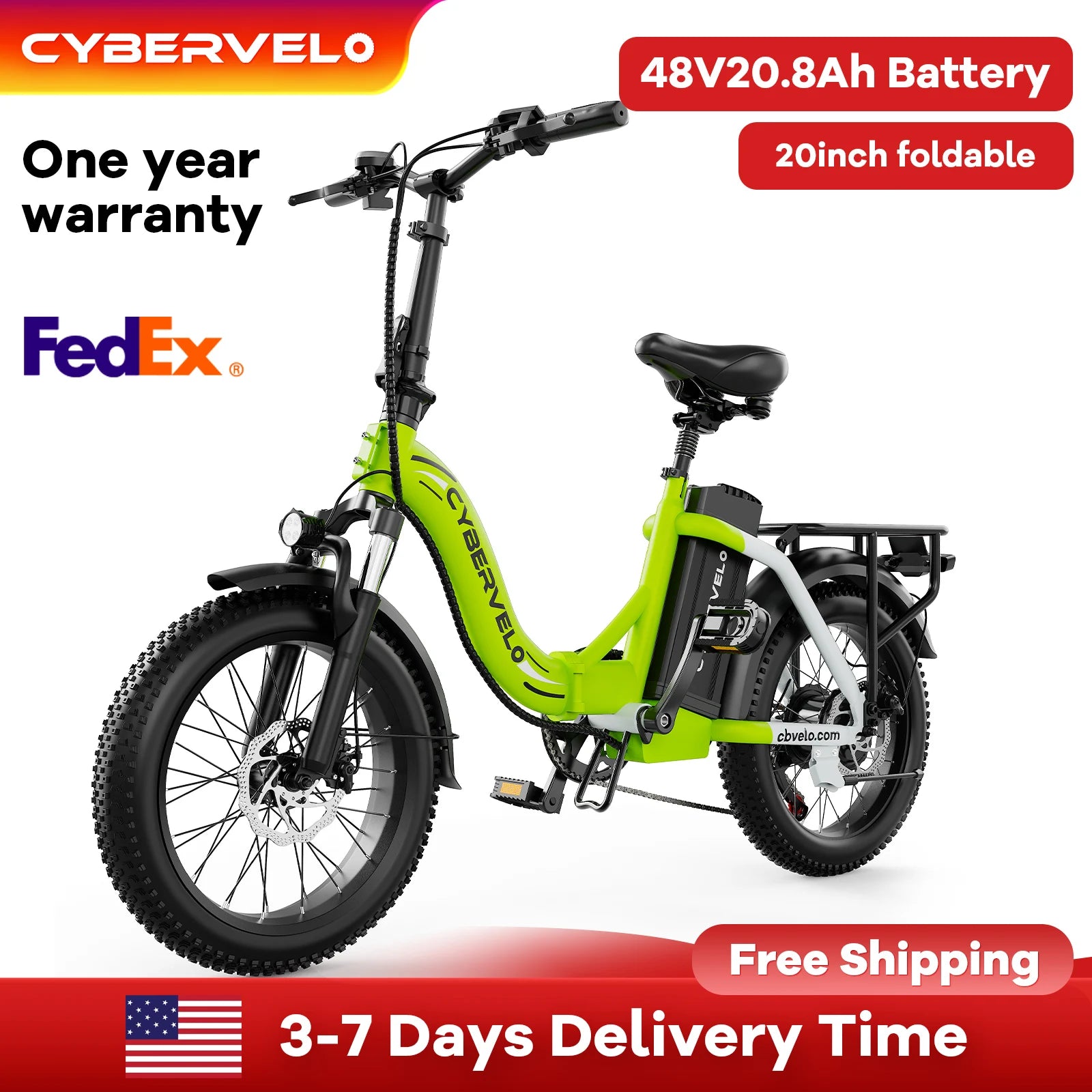 Cybervelo 1000W ebike for adults, 20A Large Removable Battery, Foldable Electric Bike, 20" Fat Tire bike for all Terrain Mars700
