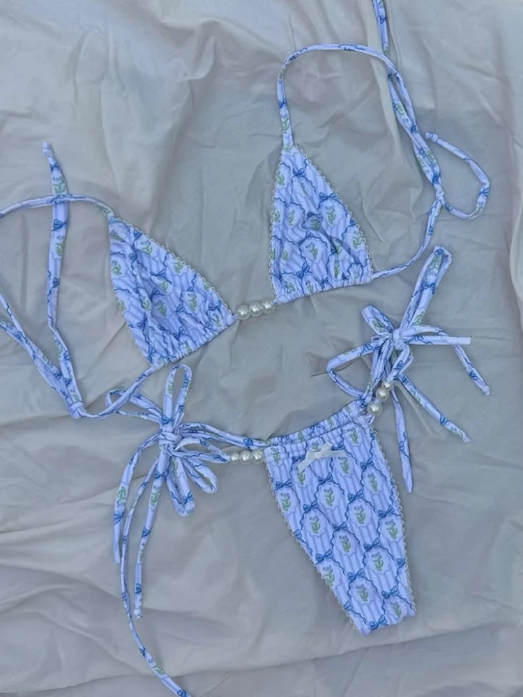 Micro Bikini Set 2026 New Swimwear Women Swimsuit Sexy Brazilian Pearl Biquini Print Lace Strappy Beachwear Bathing Suit Female