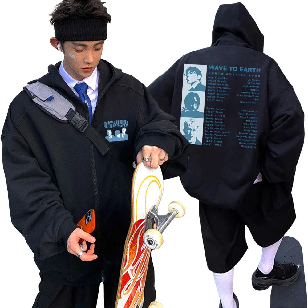 Korean Band Wave To Earth Print Zipper Hoodie Men's Casual Oversized Zip Up Jacket Men Women Hip Hop Fashion Y2k Zip Up Hoodies