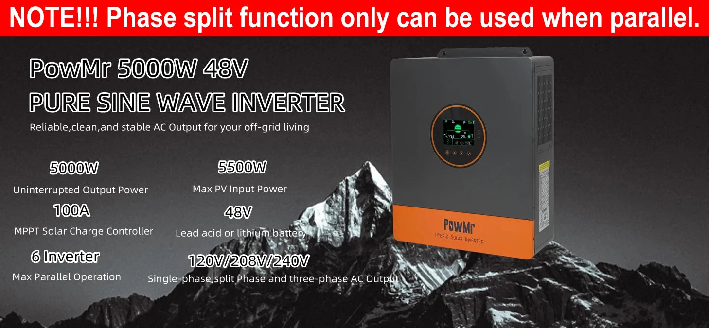 PowMr USA 5000W 48V Hybrid Solar Inverters 110Vac Can Split Phase 220Vac Output When Parallel Pure Sine Wave MPPT 100A PV 500Vdc