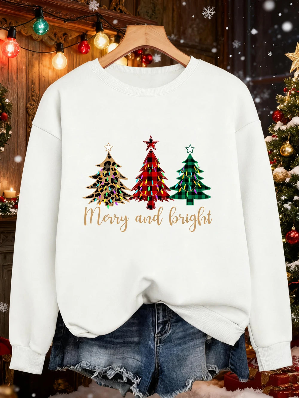 Merry Christma Funny Trees Printing Sweatshirt Women Loose Basics Hoodies Fleece Crewneck Clothes Winter Warm Woman Pullover