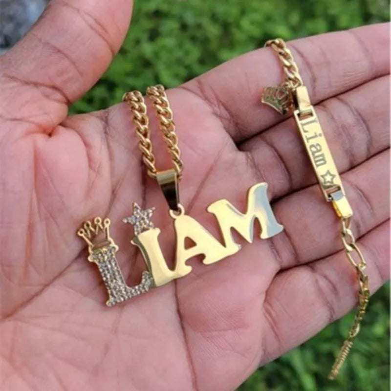 Customised Nameplate Suit Custom Baby Name Necklace Zircon Stainless Steel Cuban Chian BIG Crown Star Charm Bracelet for Kids