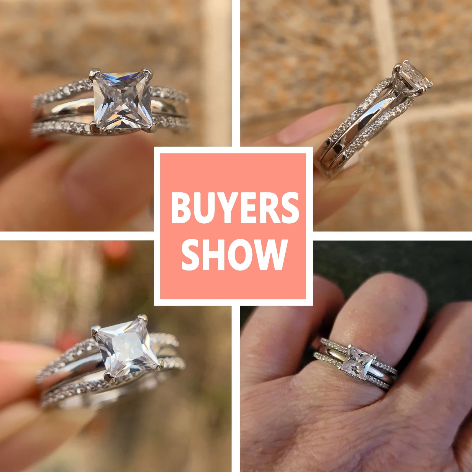 Newshe 925 Silver Rings for Women Luxury Jewelry Solitaire Princess Cut CZ Engagement Ring with Enhancer Wedding Bands