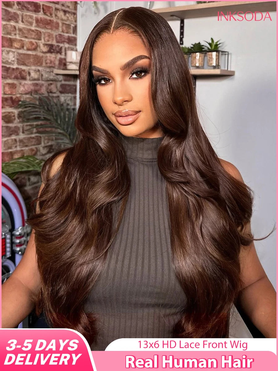 Body Wave 13x4 13x6 Chocolate Brown Lace Frontal Wigs Human Hair Pre Plucked Brazilian Brown Virgin Hair HD Front Wig For Women