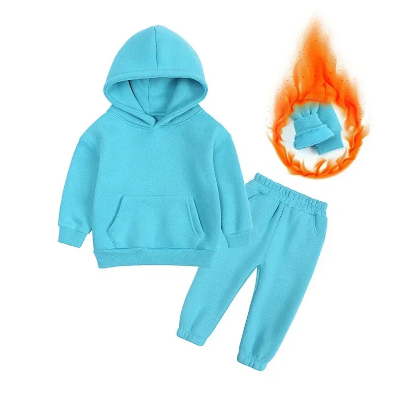 Children Fleece Winter Outfit Toddler Cotton Solid Hoodies Pullover Sweatshirt Pants Tracksuit Set Kids Boy Girl Warm Sweatsuits
