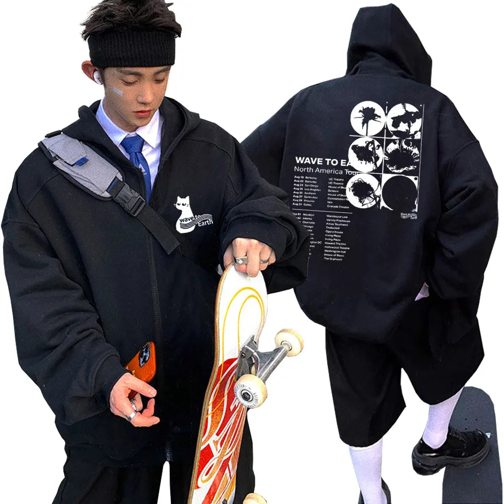 Korean Band Wave To Earth Print Zipper Hoodie Men's Casual Oversized Zip Up Jacket Men Women Hip Hop Fashion Y2k Zip Up Hoodies