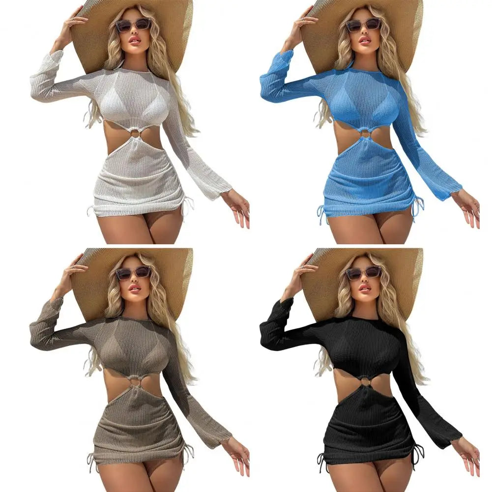3Pcs/Set Women Bikini Set Halter Bra Lace-up Swimsuit Set With Mesh Yarn Cover Up Dress Solid Color Knitted Swimwear For Women