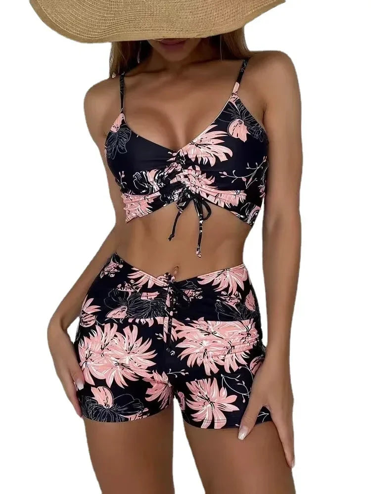 High Waist Bikini Swimsuit Women 2024 Floral Print Swim Suits Drawstring Front Shorts Boxers Swimwear Trunks Pool Bathing Suit