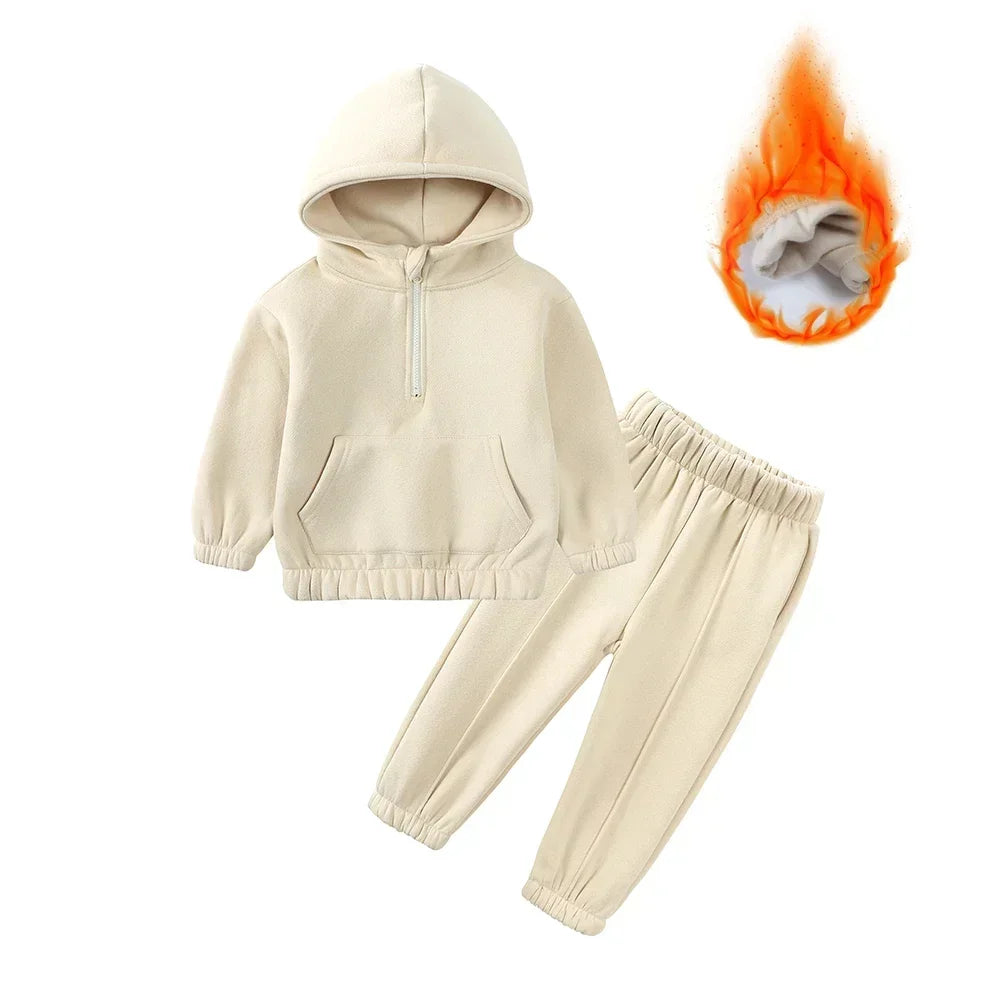 Children Fleece Winter Outfit Toddler Cotton Solid Hoodies Pullover Sweatshirt Pants Tracksuit Set Kids Boy Girl Warm Sweatsuits