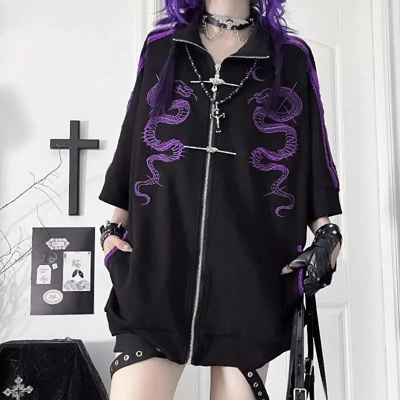Y2K Harajuku Streetwear Hoodies Coat Women Print Zipper Short Sleeve Sweatshirts Casual Fashion Oversized Hoodie Punk Tops New