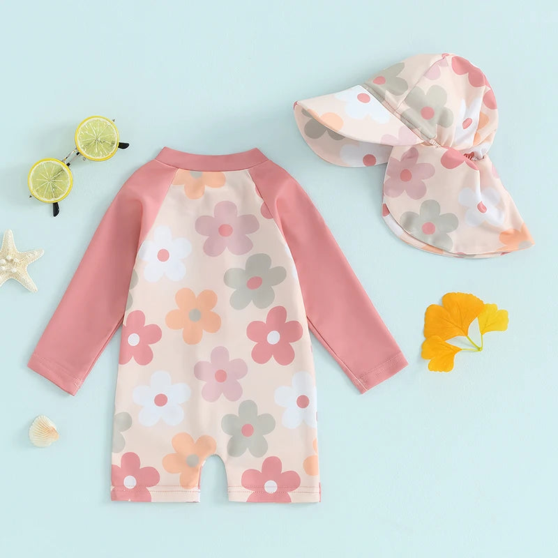 Lioraitiin Newborn Baby Girls Swimwear Infant Swimsuit Rash Guard Bathing Suit Toddler Beach Long Sleeve Zip Up Summer