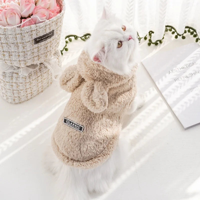 Fashion Plush Dog Hoodies Coat Winter Warm Dog Clothes Rabbit Pattern Cat Jacket Cute Solid Puppy Hoodies Bichon Pet Jacket Coat