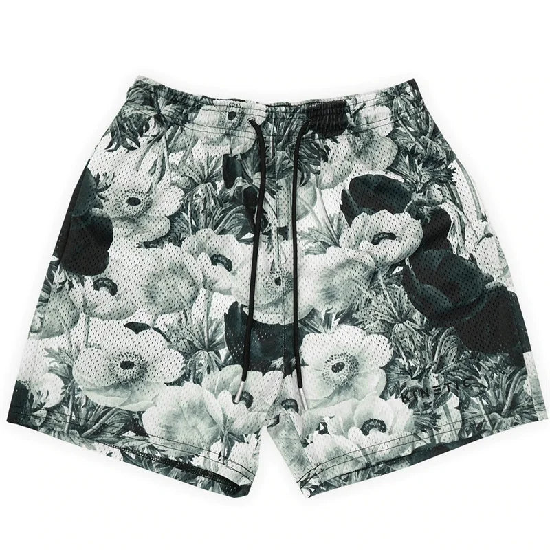 Summer New men short pant Rose Design Casual Shorts Street Hip Hop Fitness Polyester Fast Dry Breathable Embroidery Men Shorts