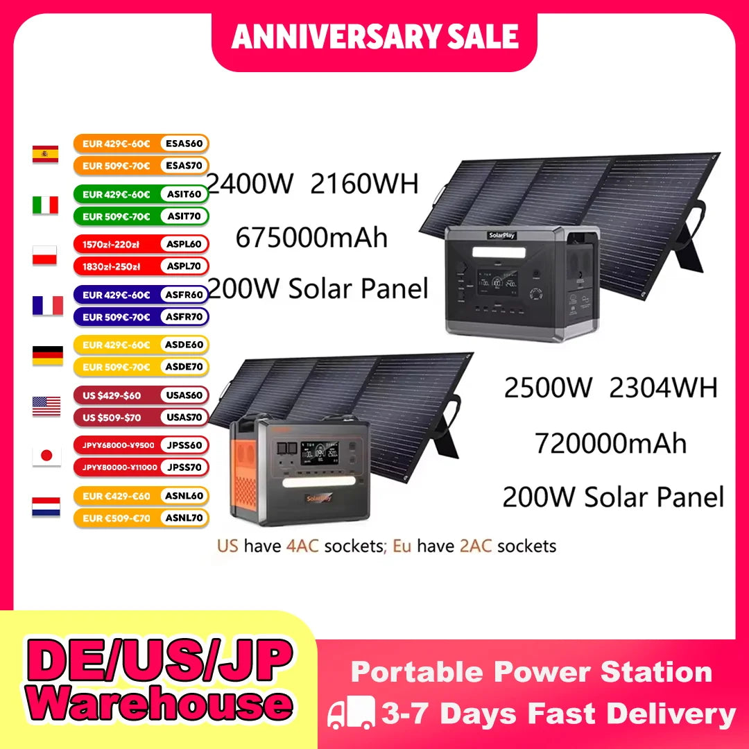 Solar Generator 2160WH 2304WH Long-life LiFePO4 Portable Power Station & 200W Solar Panel for Home Campervan Up to 2400W Output