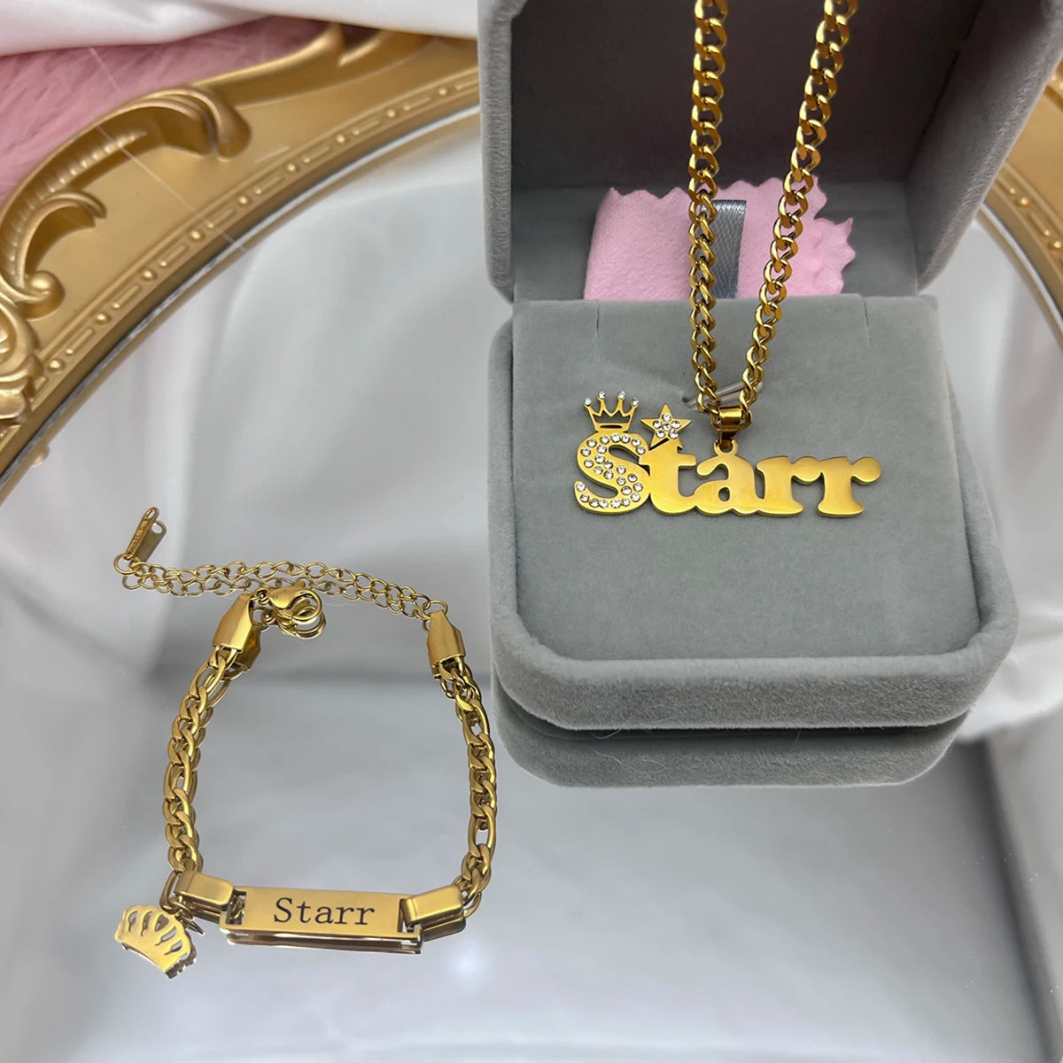 Customised Nameplate Suit Custom Baby Name Necklace Zircon Stainless Steel Cuban Chian BIG Crown Star Charm Bracelet for Kids