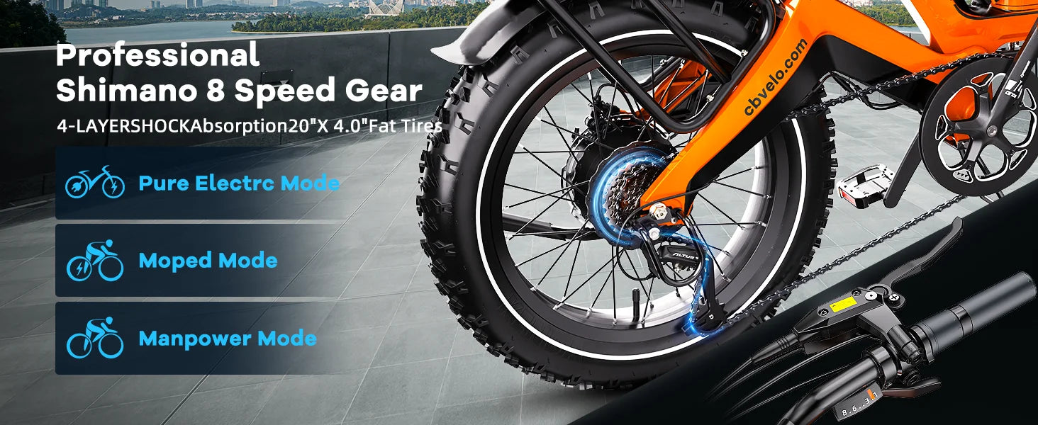 Cybervelo 20” Fat Tire 2000W Peak Motor Luxury Foldable ebike,48V Removable Battery E Bicycle, 35+ MPH 100+Miles Long Range EK6