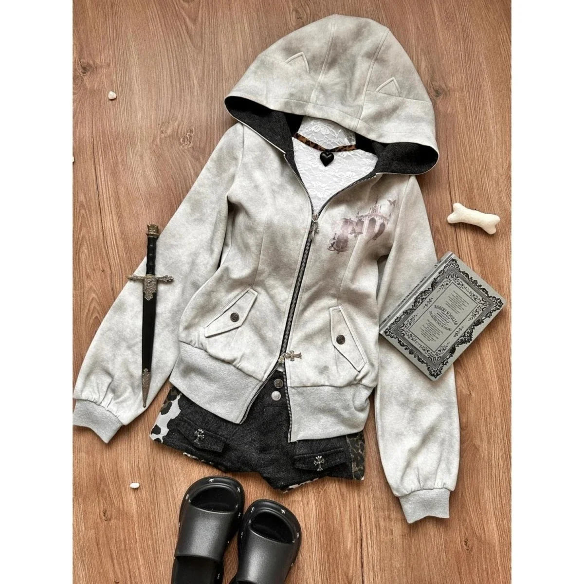 Y2k Aesthetic Vintage Printing Pocket Hoodies Gothic Fairy Grunge Hooded Jackets Autumn Women Double Zippers Punk Sweatshirt