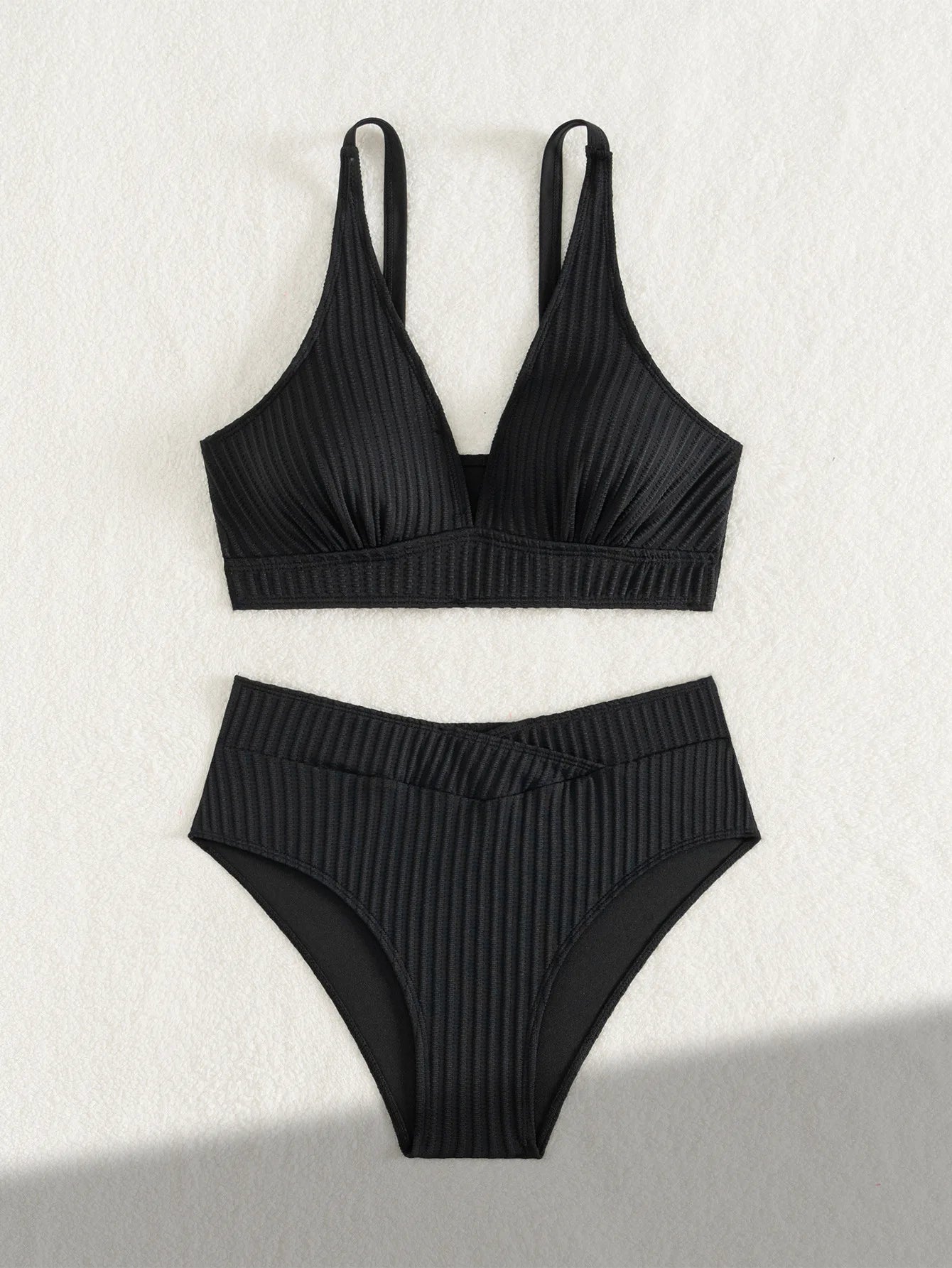 Sexy High Waist Bikini Set 2025 Women V Neck Ribbed Push Up Two Piece Swimsuit Summer Bathing Suit Holiday Swimwear Biquini