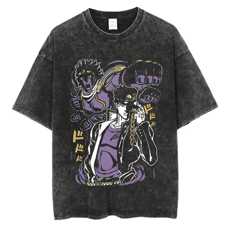 Vintage Washed TShirt Men Summer Hip Hop Streetwear T-shirt JoJo Bizarre Adventure Anime Print Cotton Casual Short Sleeve Tshirt