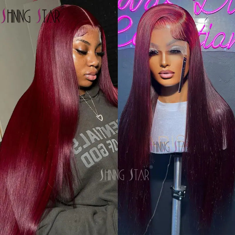 Burgundy Red Bone Straight Lace Front Human Hair Wigs Pre Plucked Colored 99J Red 13x6 Transparent Lace Frontal Wig Human Hair