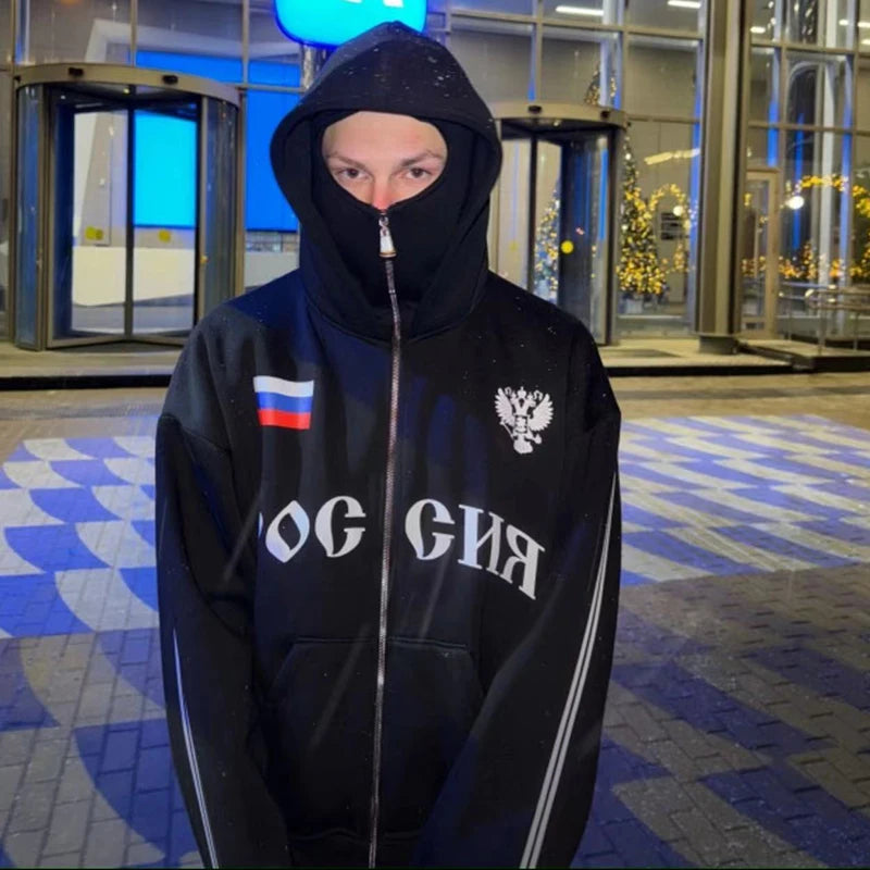 Y2K Clothes Men's Hip Hop Autumn Russia Hot Sale Vintage Double Zip Hoodies Lettering Graphic Hoodies Sweatshirts Casual Jacket