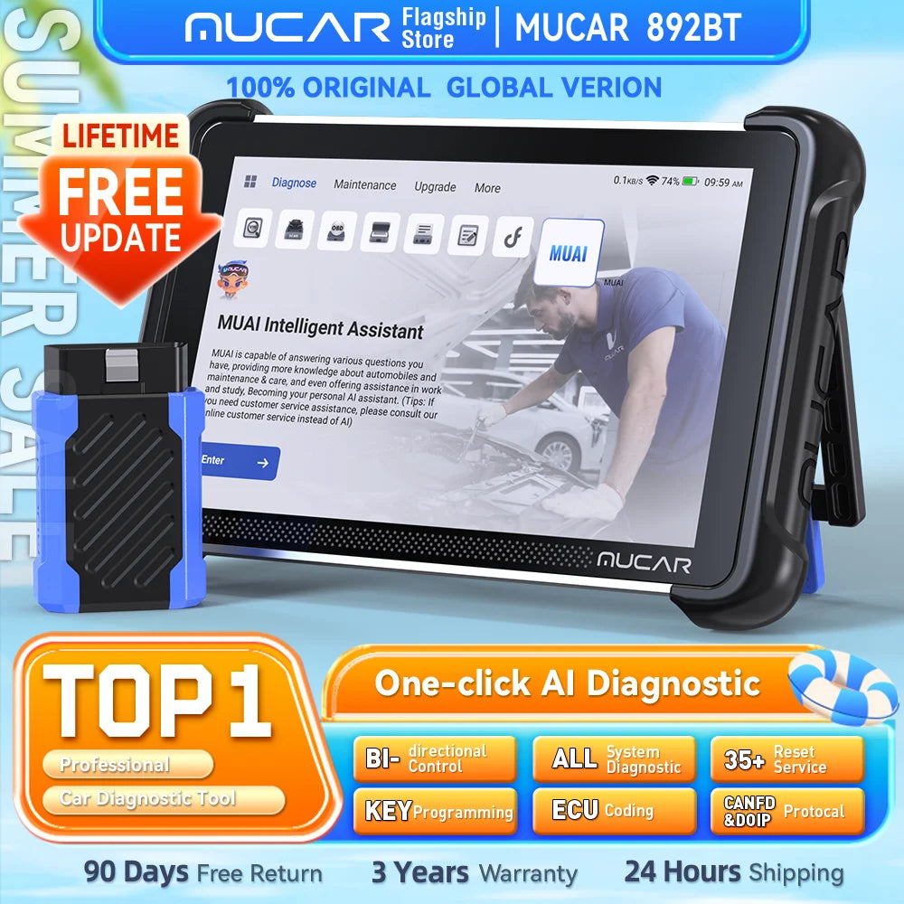 MUCAR 892BT AI Automotive Diagnostic Tool Key Programmer Bidirectional Obd2 Scanner ECU Coding CANFD DOIP 35 Resets Life Free