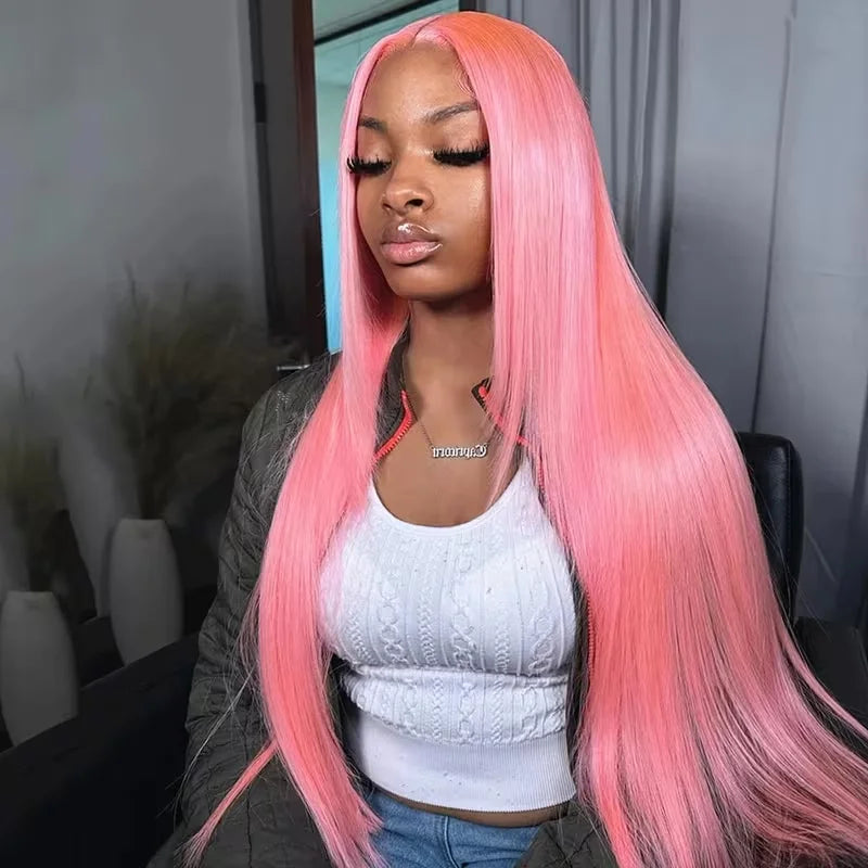 Pink Straight Human Hair Wigs 13X4 13X6 Hd Lace Frontal Wigs 32 36 Inch 220% Density Brazilian Human Hair Preplucked For Women