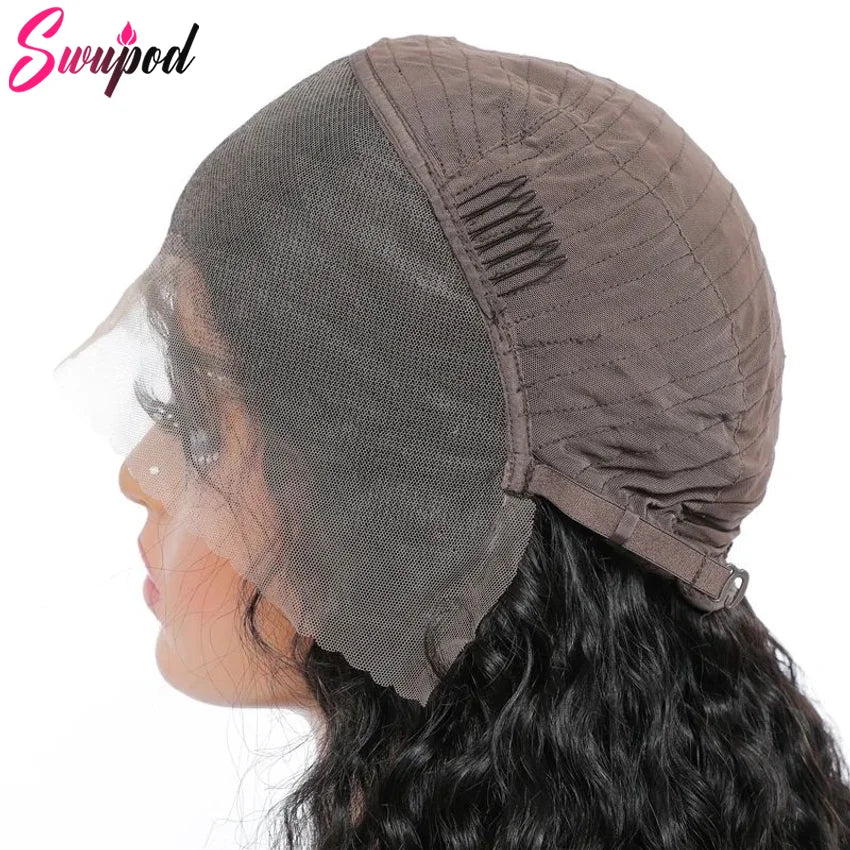 Swupod 200 Density 13x4 13x6 HD Transparent Swiss Deep Wave Lace Frontal Front Wig for Women Remy Human Hair Natural Black