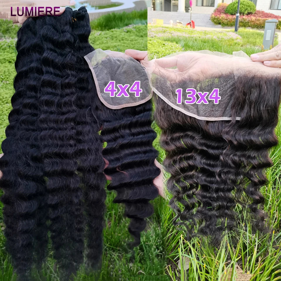 40" Loose Deep Wave Human Hair Bundle With Closure Frontal HD Transparent Lace Closure With Bundle Human Hair Weave Bundles Deal