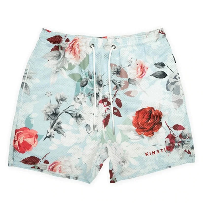 Summer New men short pant Rose Design Casual Shorts Street Hip Hop Fitness Polyester Fast Dry Breathable Embroidery Men Shorts