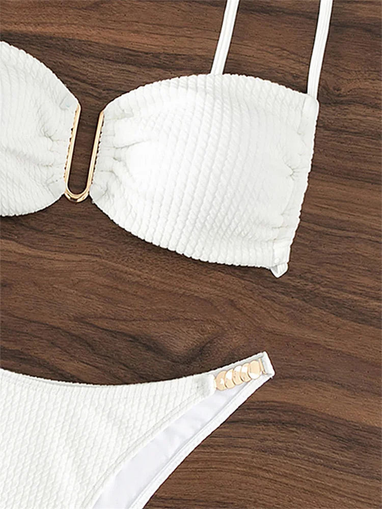 Sexy U Neck Bikini Set Women Solid White Black Push Up Pleate Micro Swimsuit 2024 Brazilian Cut Out Bathing Suit Thong Swimwear