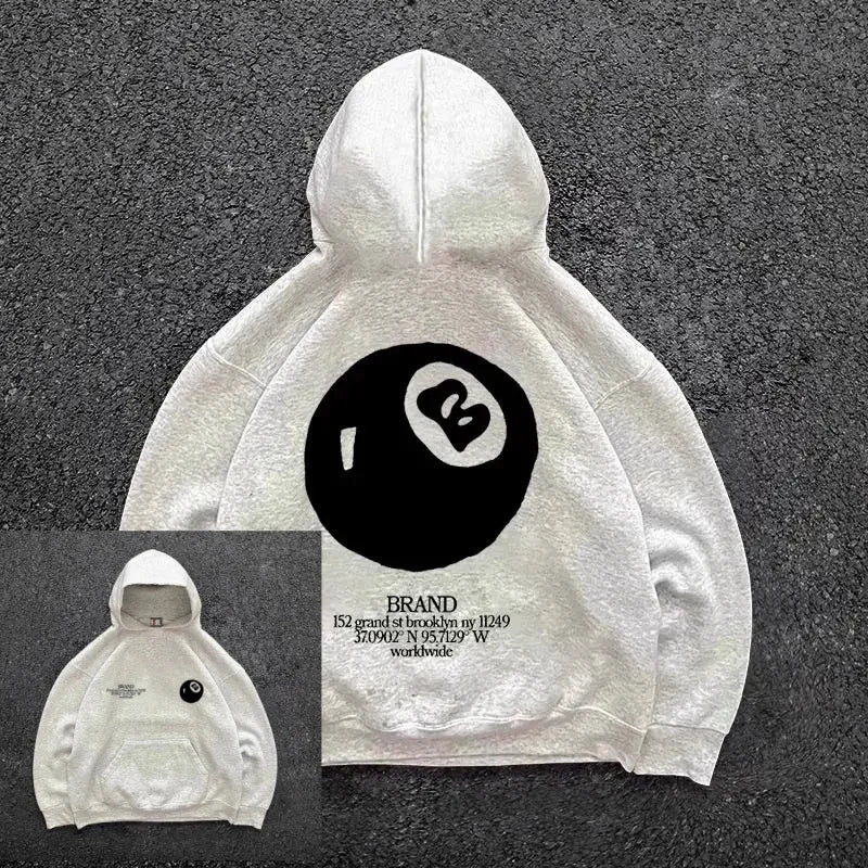 Retro 8-ball pattern hooded men's streetwear,oversized pullover, casual and fashionable sportswear, daily wear and hip-hop style