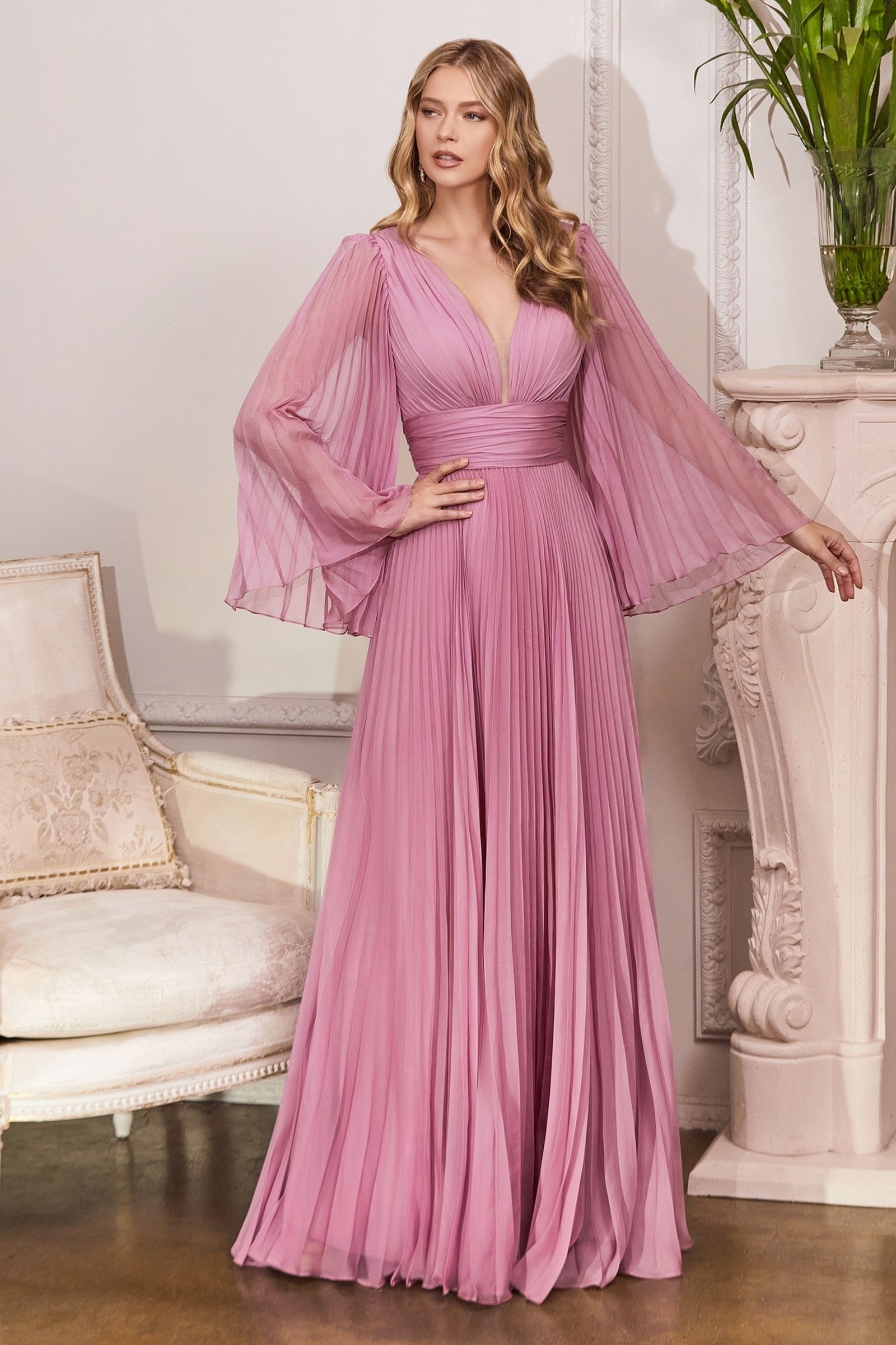 Pleated Chiffon Gown with Deep V-neckline, perfect for Mother of the Bride