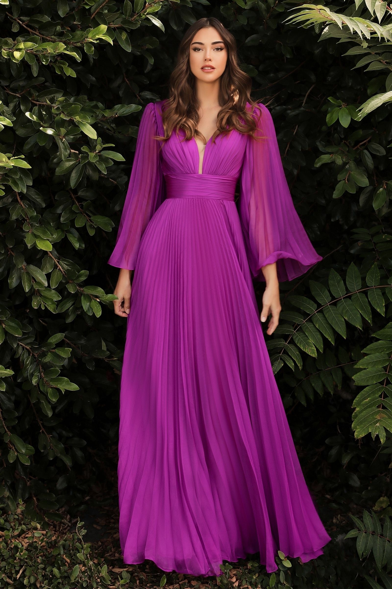 Pleated Chiffon Gown with Deep V-neckline, perfect for Mother of the Bride