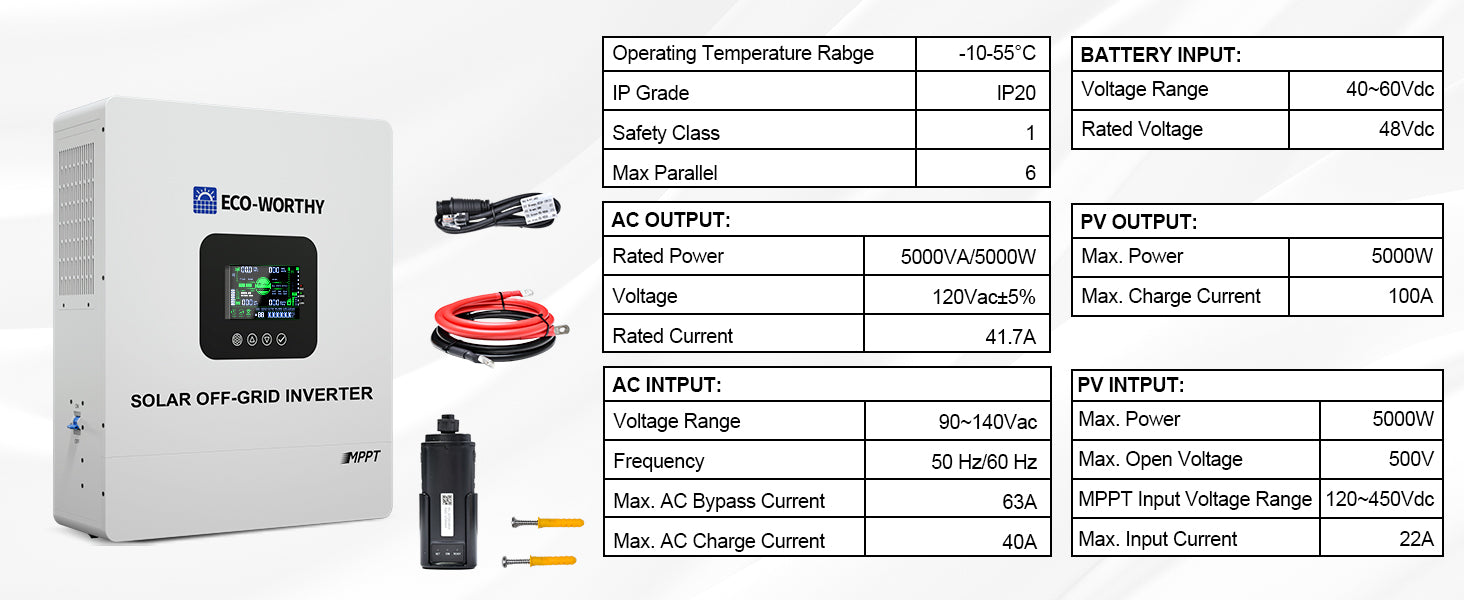ECO-WORTHY UL1741 5000W 48V Solar Inverter Charger 48V DC to 120V AC,Inversor Solar Built in 100A MPPT Solar Charge Controller