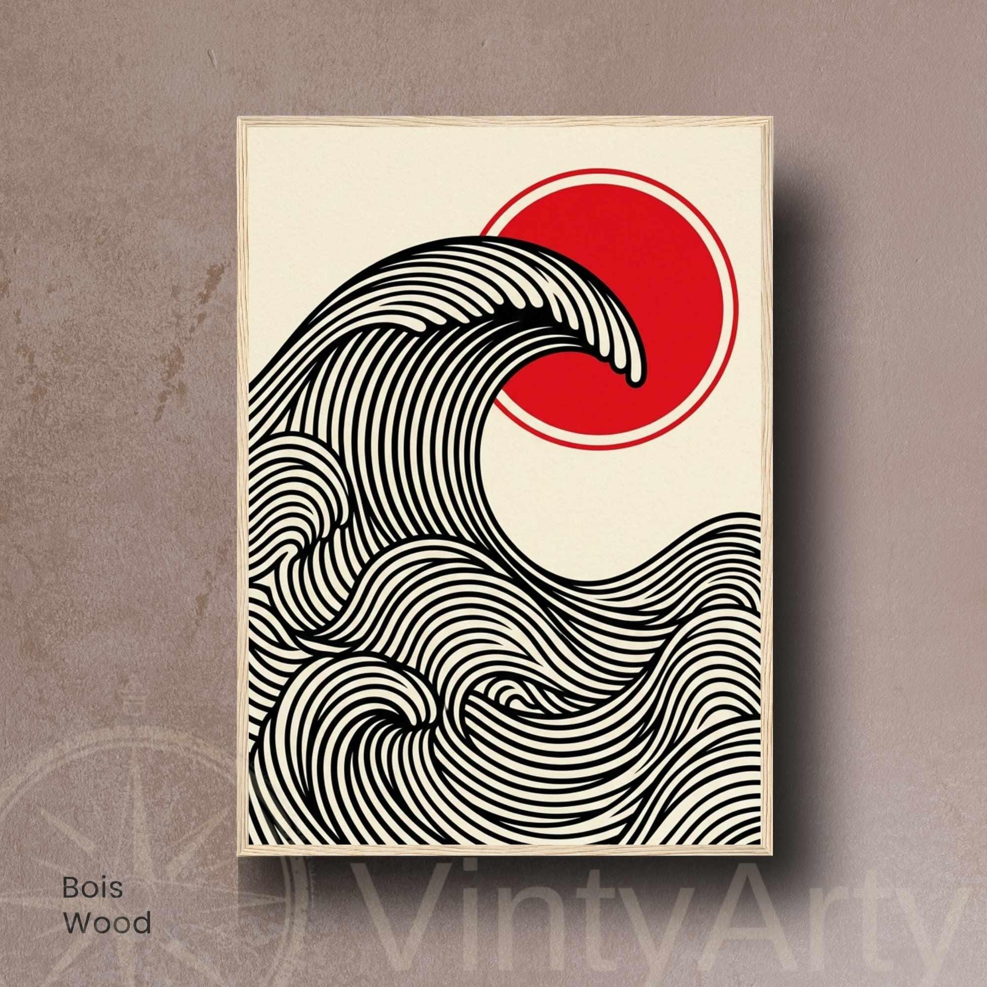 Affiche vague japonaise rouge et noir — art mural zen minimaliste