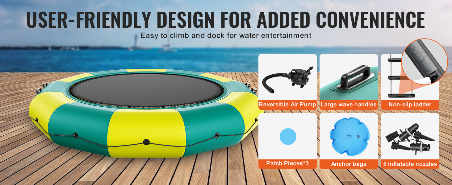 SucceBuy 12ft Inflatable Water Bouncer Recreational Water Trampoline Portable Bounce Swim Platform with Slide 3-Step Ladder