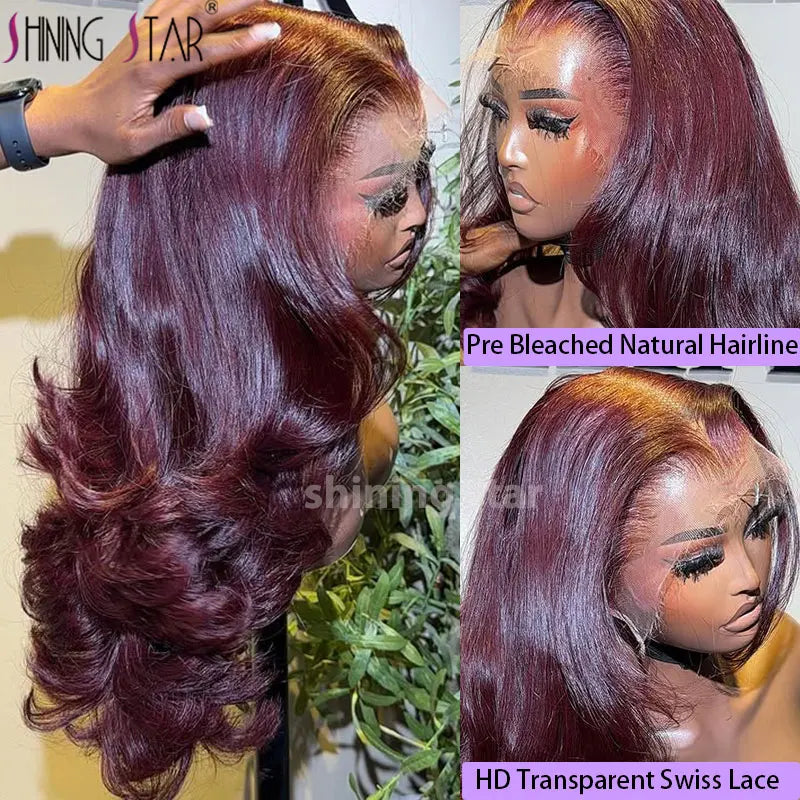 Burgundy Red Bone Straight Lace Front Human Hair Wigs Pre Plucked Colored 99J Red 13x6 Transparent Lace Frontal Wig Human Hair