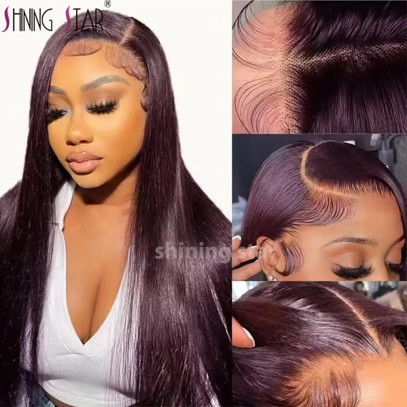 Burgundy Red Bone Straight Lace Front Human Hair Wigs Pre Plucked Colored 99J Red 13x6 Transparent Lace Frontal Wig Human Hair