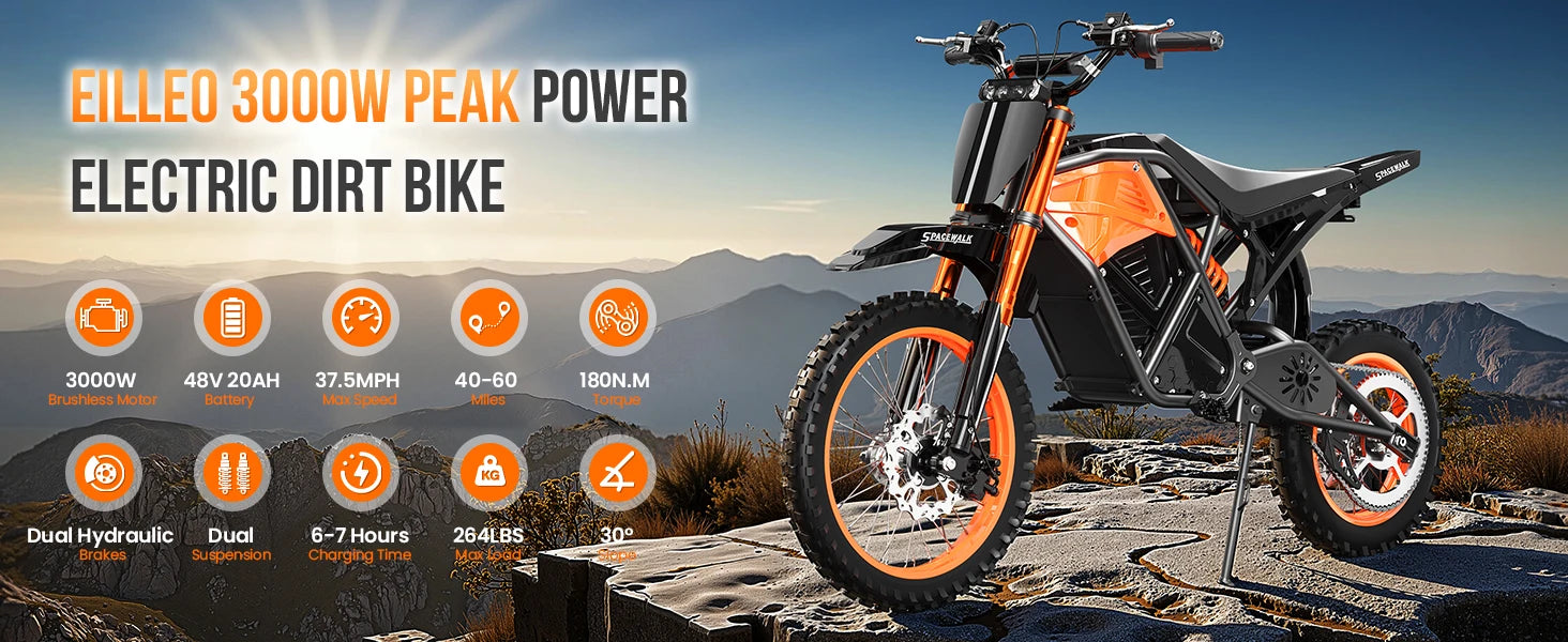 48V Electric Dirt Bike for Adults/Teens,3000W Peak Power Electric Motorcycle for Adults, 37.5MPH Top Speed & 60 Miles Long Range