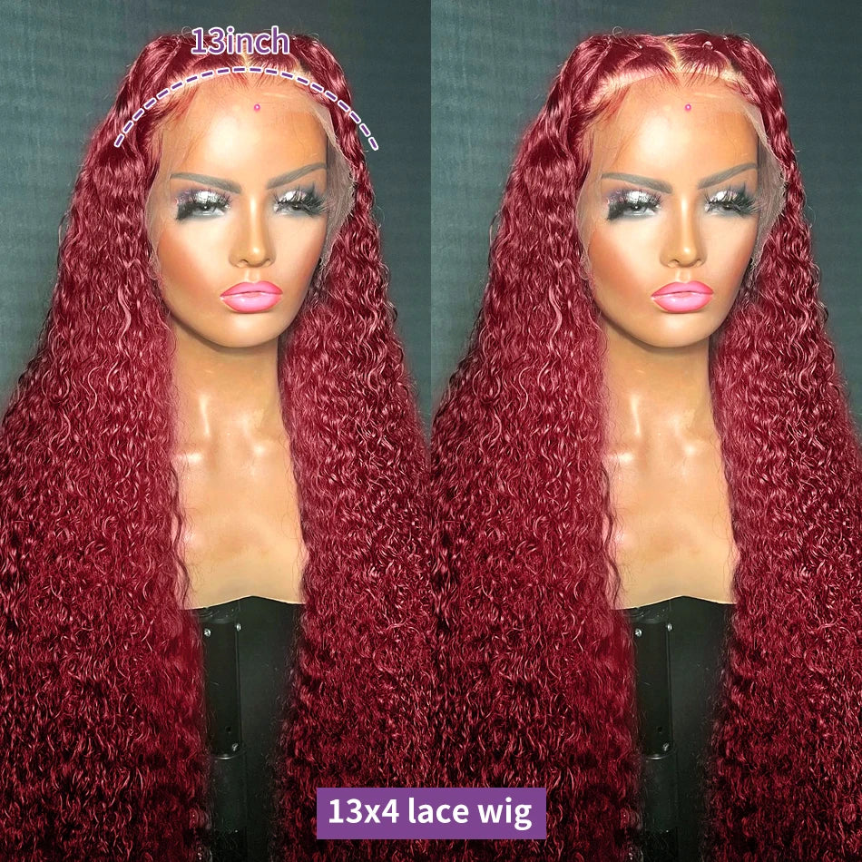 300 Density Deep Wave 99J Burgundy 13x6 Hd 100% Human Hair Lace Frontal Wigs 13x4 Brazilian Curly 30 34Inch Color Lace Front Wig