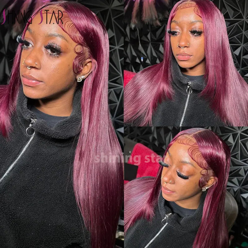 Burgundy Red Bone Straight Lace Front Human Hair Wigs Pre Plucked Colored 99J Red 13x6 Transparent Lace Frontal Wig Human Hair
