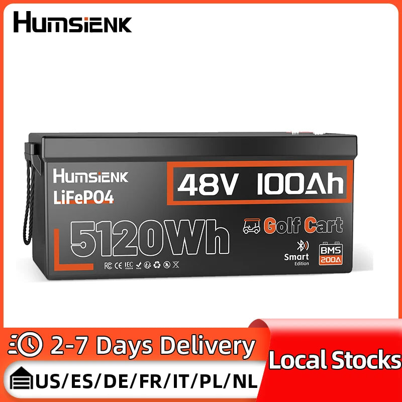 HumsiENK LiFePO4 Battery 48V 100Ah Designed For Golf Cart 200A BMS 5120Wh Smart Bluetooth Monitor With 2-Year Warranty/ UL 1973