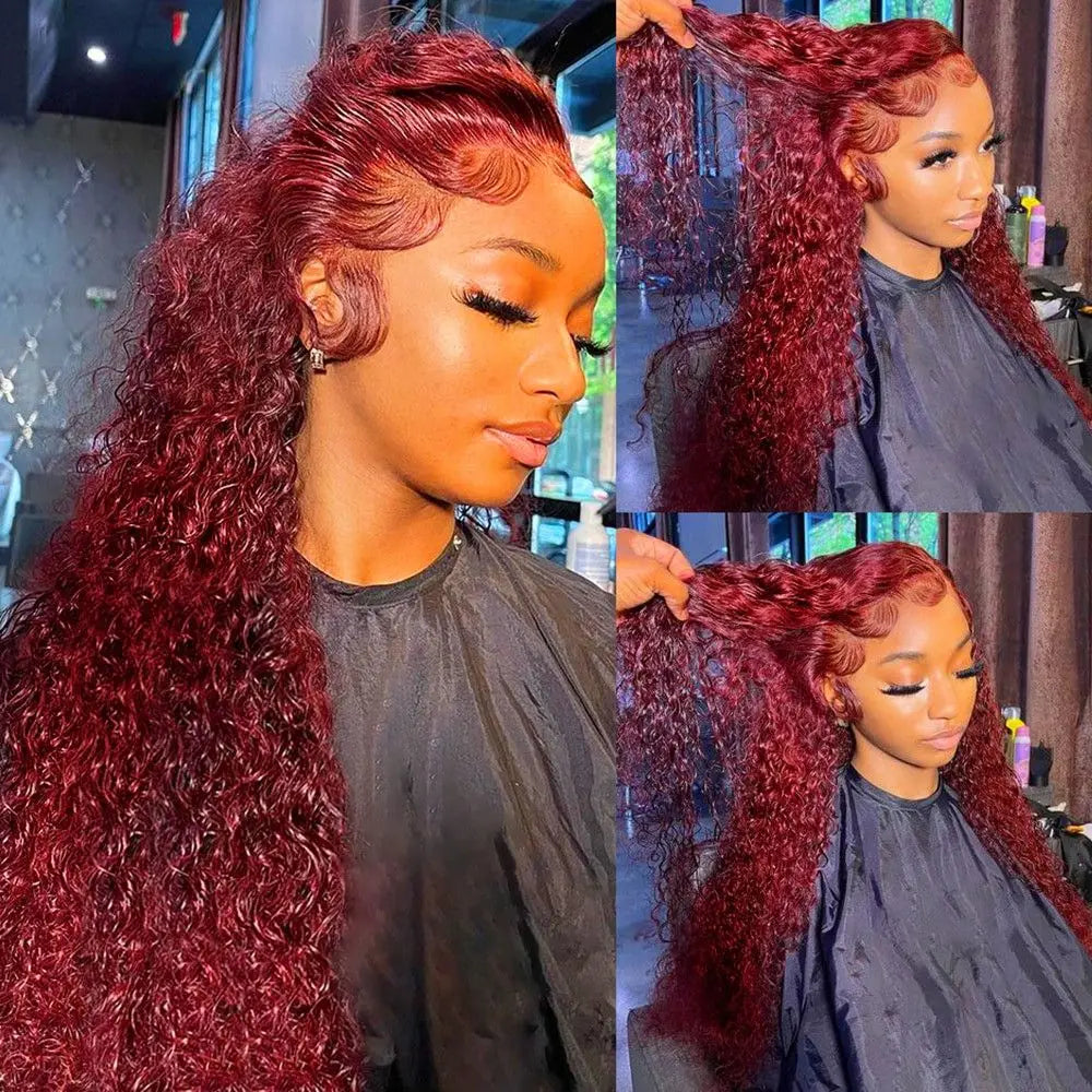 300 Density Deep Wave 99J Burgundy 13x6 Hd 100% Human Hair Lace Frontal Wigs 13x4 Brazilian Curly 30 34Inch Color Lace Front Wig